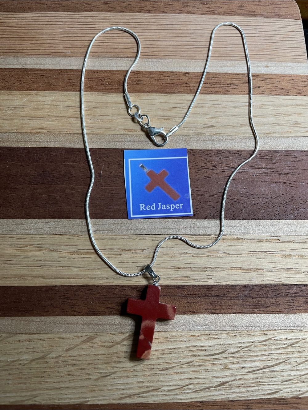 NWOT Natural Red Jasper Cross  with 16”Silver Chain.
